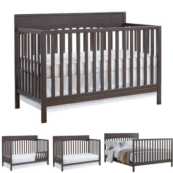 oxford-baby-harper-4-in-1-convertible-crib-review The Oxford Baby Harper 4-in-1 convertible crib's transformations: a crib, a toddler bed with a safety guardrail, a daybed, and a full-size bed with a headboard and footboard.